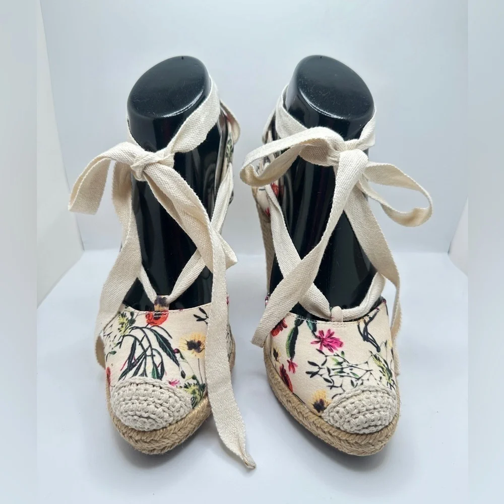 Schutz Multi Floral Tie Up Ankle Wrap Rounded Espadrille Wedge Sz 5.5/EUR 36